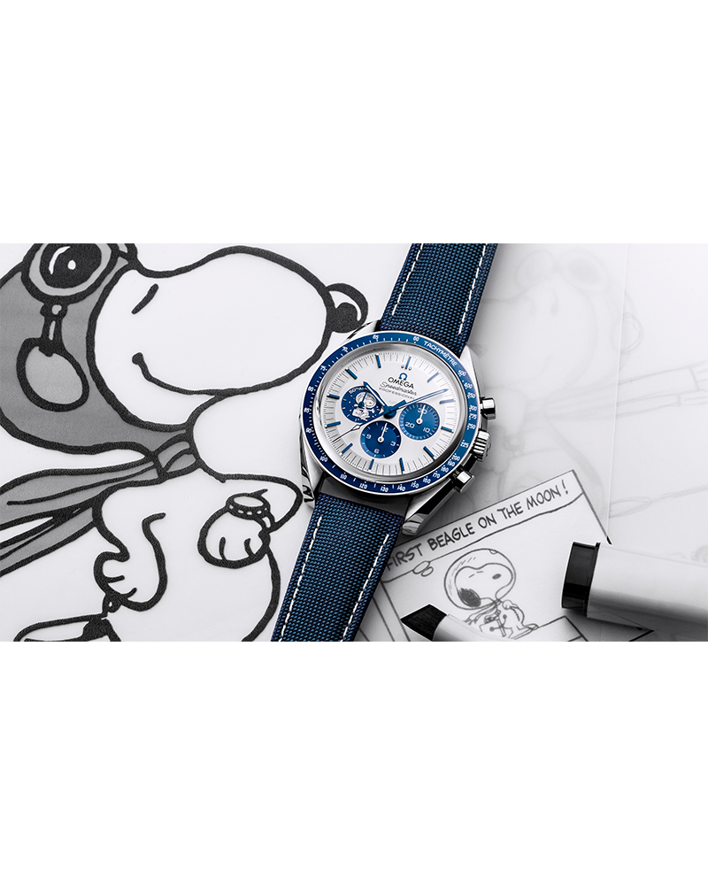 Speedmaster Série de aniversário Snoopy Award (42 mm, aço em bracelete de tecido de nylon revestido) + Caixa e Certificado